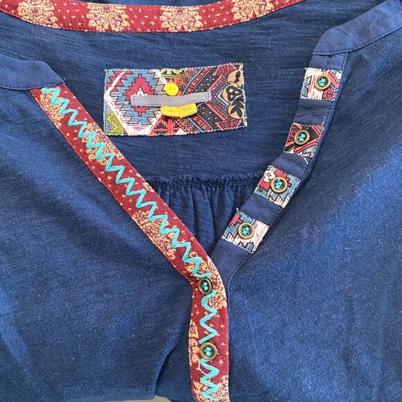 Anthropologie Little Yellow Button Wms Med Navy Blue Tunic Top Embroidered Boho - Picture 4 of 6